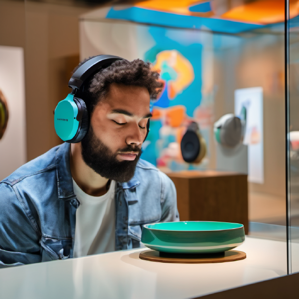 A man wearing headphones and listening pensively to a ceramic bowl in a museum