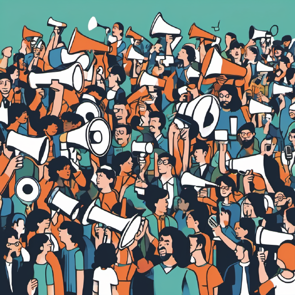 Drawing of a crowd of people speaking to one another with megaphones