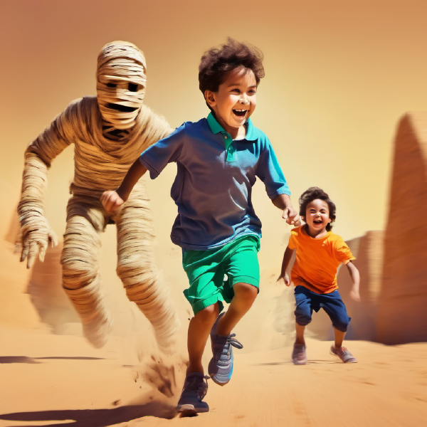 Photograph of a child being chased by a mummy