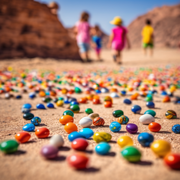 Pebbles laid out on the ground like marbles in the desert, with a group of children playing in the background