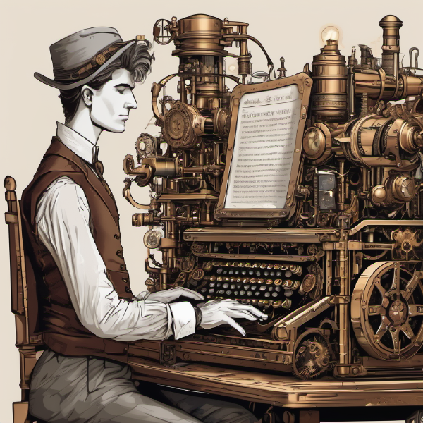 Drawing of a man operating a steampunk computer with manual typewriter input