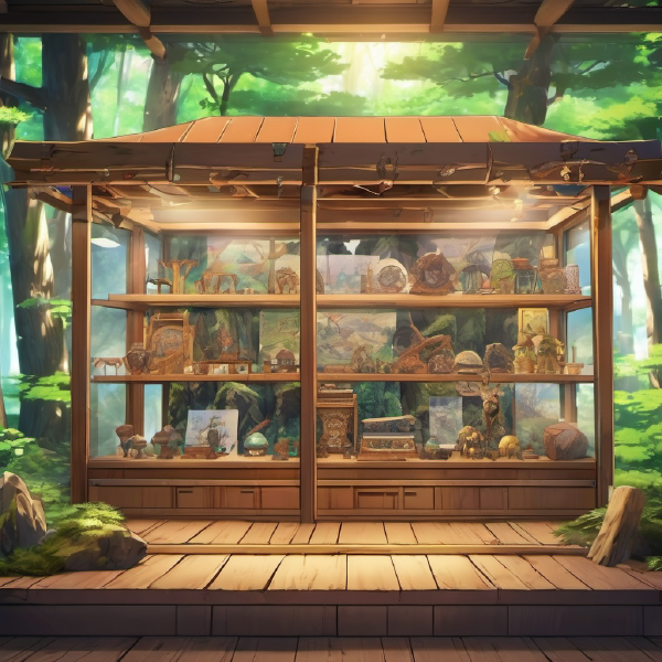 Anime style drawing of a museum vitrine as a temple in the forest