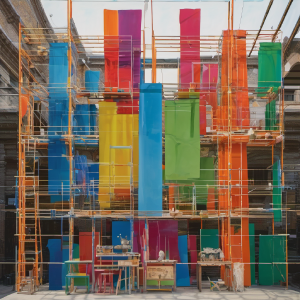 Brightly coloured scaffolding with works of art and ethnographic objects