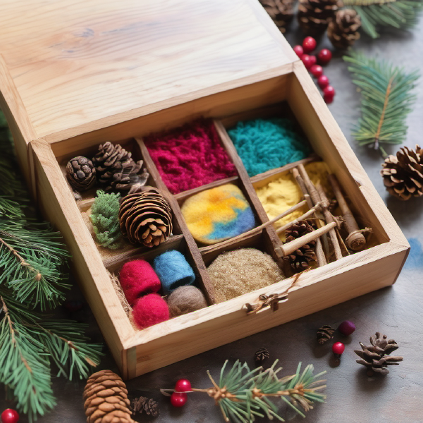 Wooden gift box containing juniper, pine cones, sand, berries, butter, and wool