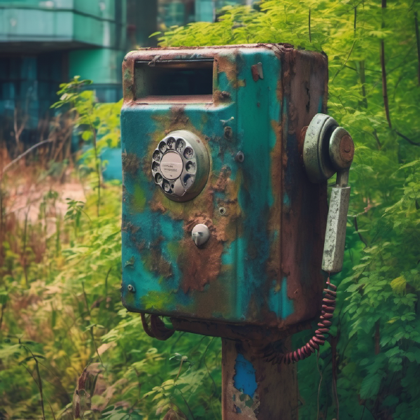 Rotary telephone box in an overgrown urban ruin