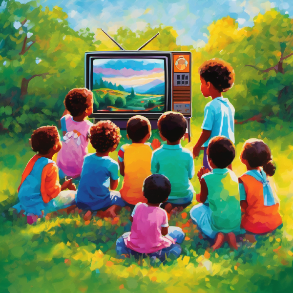 Colourful painting of children gathered in a meadow, watching a television set